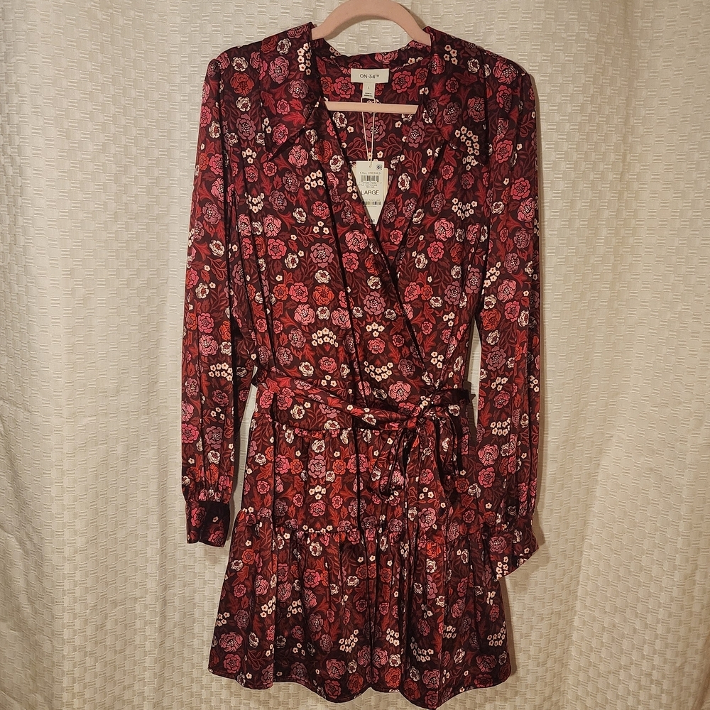 Floral Wrap Dress Red and Pink Silky Eco Friendly Recycled Fabric Fall Workwear